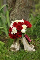 Bridal Bouquet Red and White Roses w/Peonies  from Carter's Flower Shop in Farmville, VA